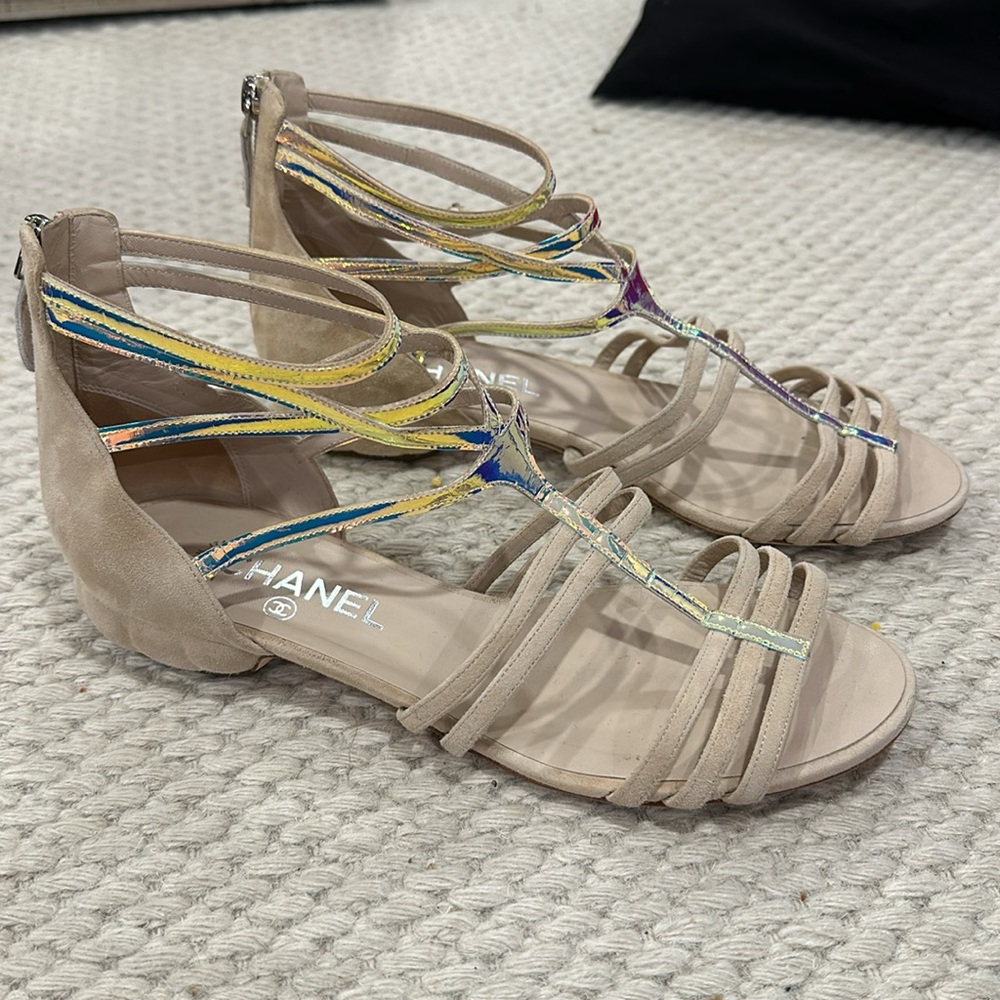 Chanel Gladiator Sandals beige suede and iridescent, size EU 39.5 C